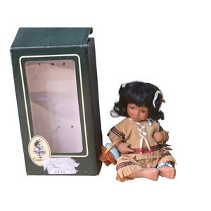 Geppeddo Native American Porcelain Doll with Basket Beaded Faux Suede Outfit Box